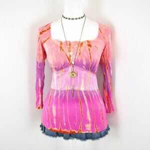 VTG 00s Y2K Bleu Clair Pink Purple Tie Dye Lace Milkmaid Silk Top Size Small
